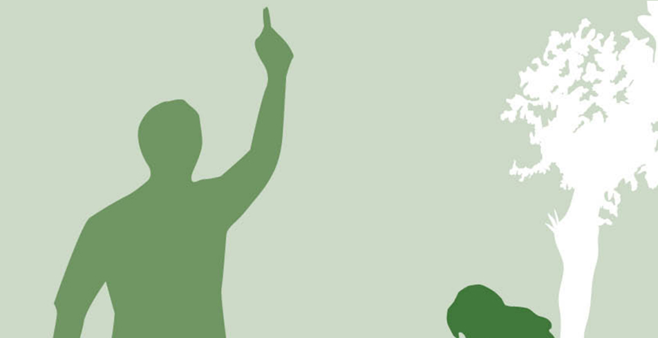 Ilustración en silueta de una persona señalando hacia arriba y otra realizando una actividad en el suelo, junto a un árbol.