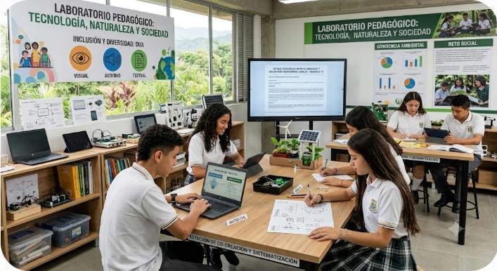 Estudiantes desarrollan proyectos científicos y tecnológicos sostenibles en un laboratorio escolar.