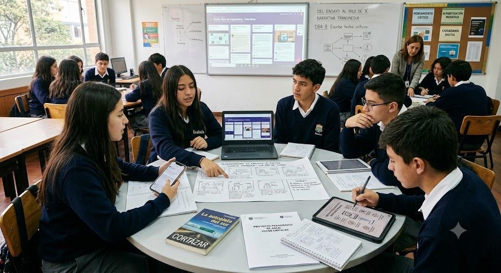 Estudiantes analizan medios y desarrollan argumentos críticos en un aula.